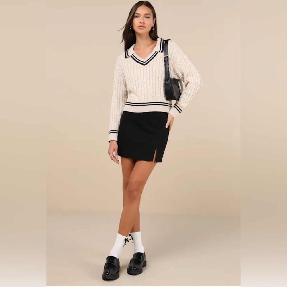 Lulus Posh Expert Beige Cable Knit Pullover Varsity Sweater, Size S